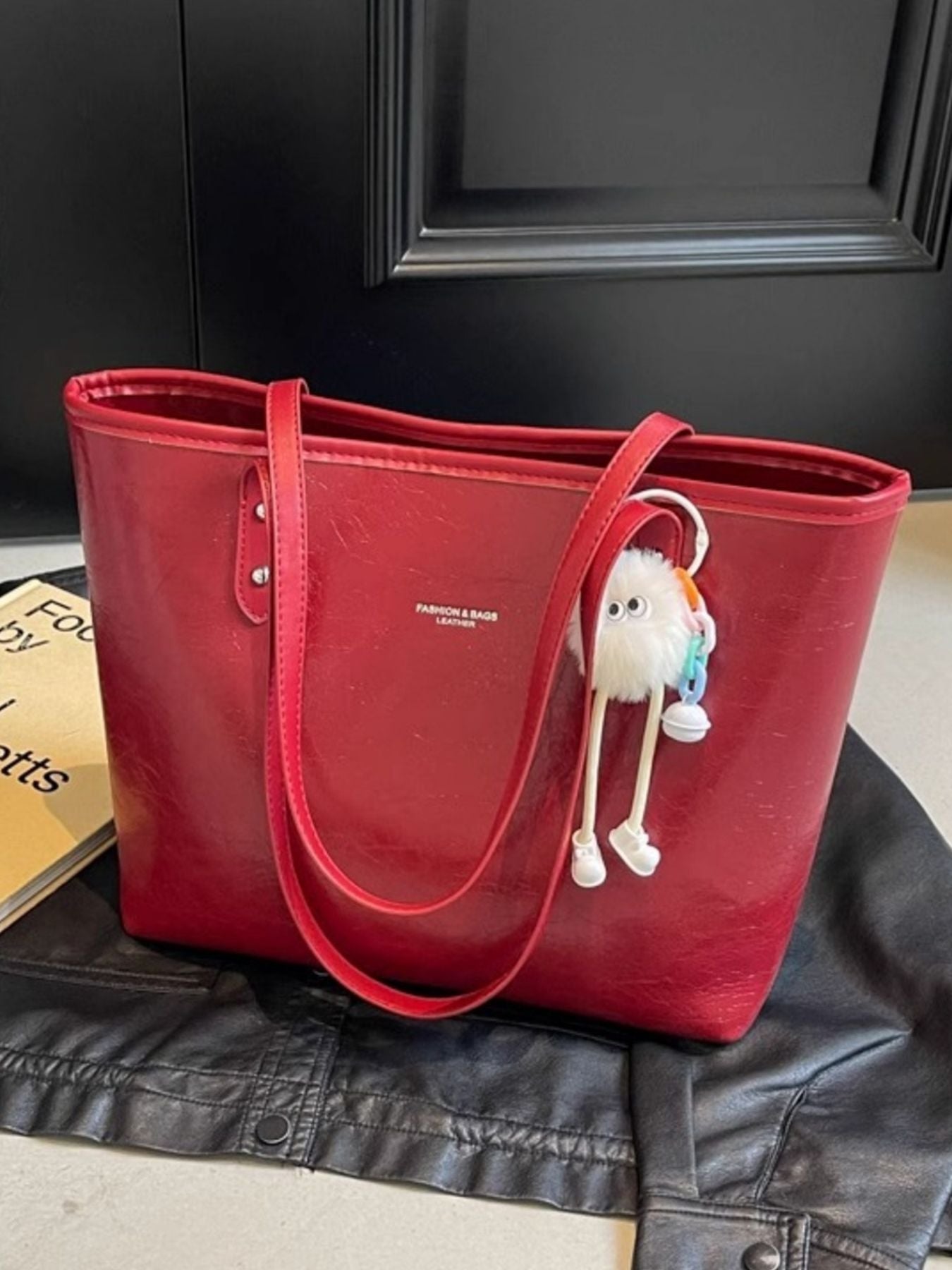 Women's Large Faux Leather Shoulder Bag – Wine Red PU Leather Everyday Tote