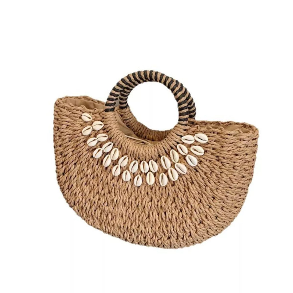Seashell-Embellished Woven Straw Handbag | Coastal Boho Beach Bag