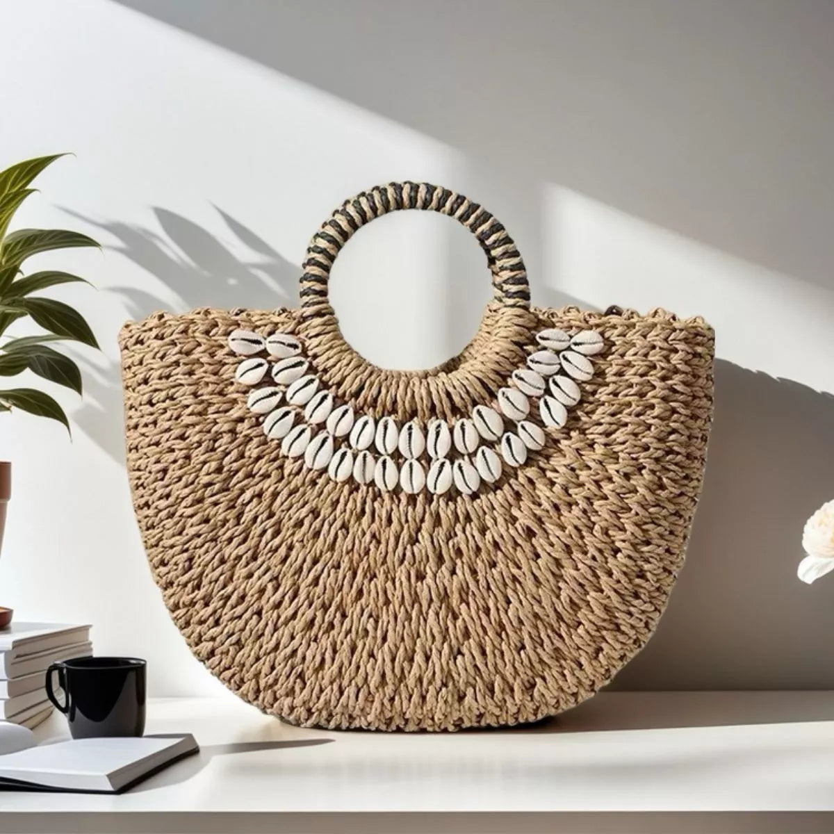 Seashell-Embellished Woven Straw Handbag | Coastal Boho Beach Bag