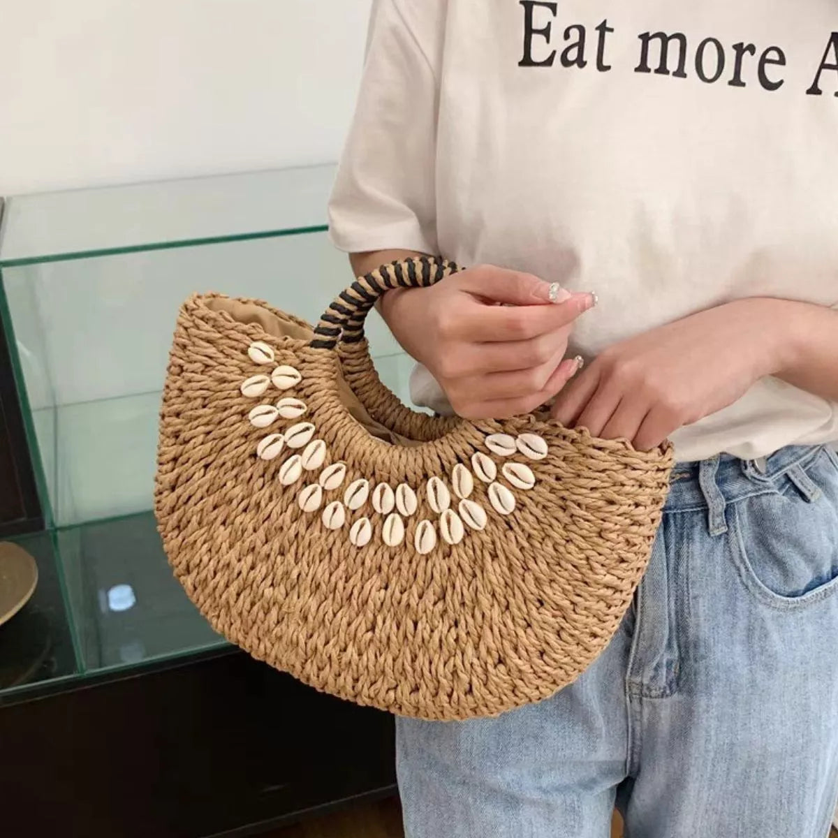 Seashell-Embellished Woven Straw Handbag | Coastal Boho Beach Bag