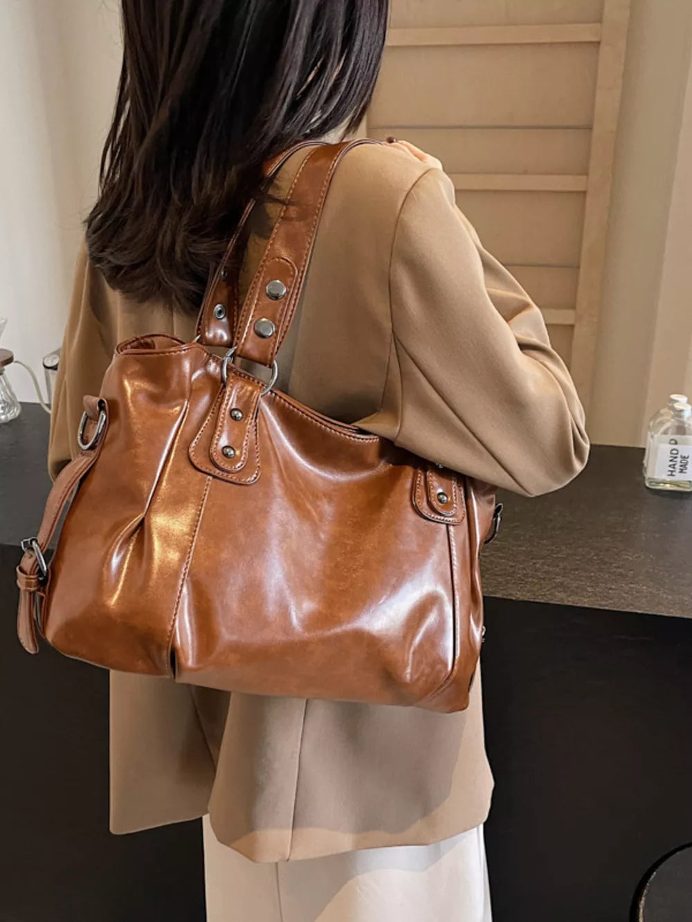 Vintage Style Large Leather Shoulder Handbag