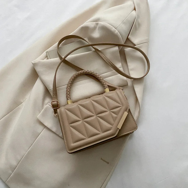 Quilted PU Leather Mini Crossbody Bag – Women's Shoulder Purse with Top Handle | 20×13×7cm