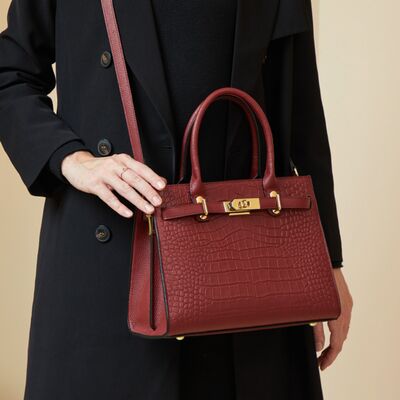 Crocodile-Embossed Leather Top Handle Handbag – Structured Medium Satchel