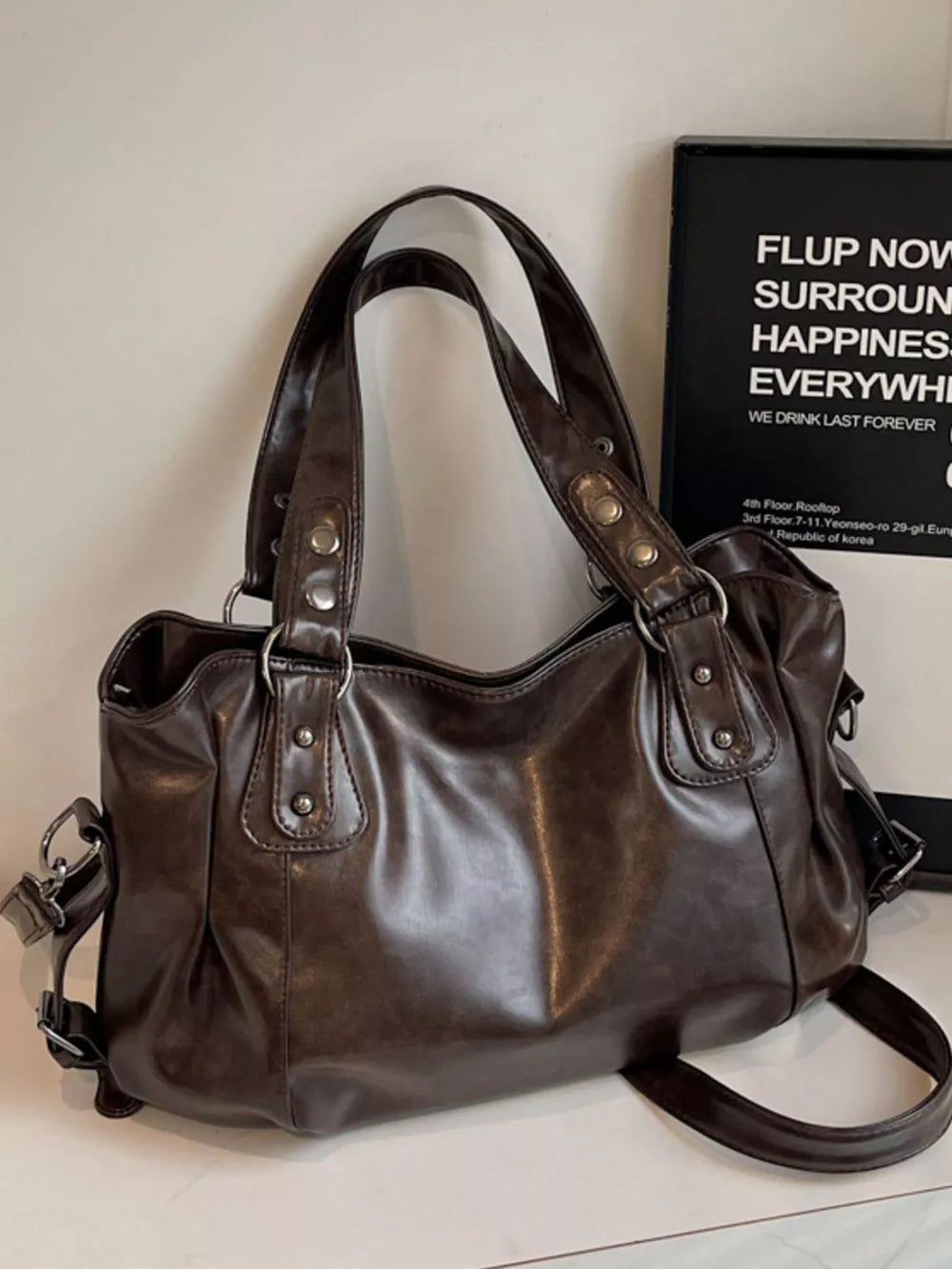 Vintage Style Large Leather Shoulder Handbag