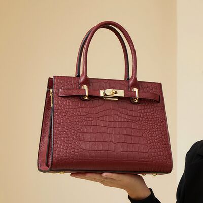 Crocodile-Embossed Leather Top Handle Handbag – Structured Medium Satchel
