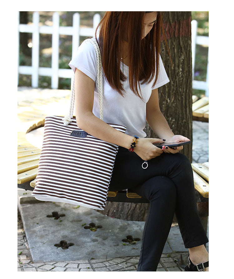 Women's Bohemian Striped Canvas Beach Tote Bag – Large Summer Shoulder Bag