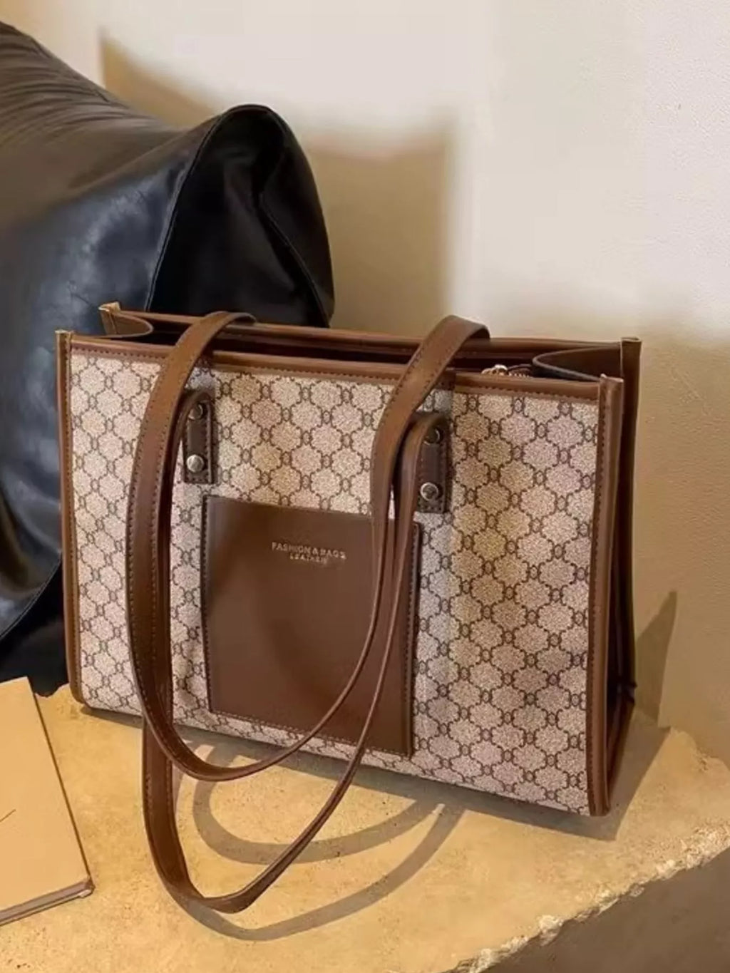Women's Patterned PU Leather Tote Bag – Medium Khaki Shoulder Bag