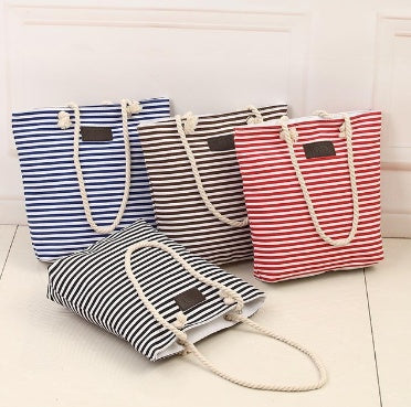 Women's Bohemian Striped Canvas Beach Tote Bag – Large Summer Shoulder Bag