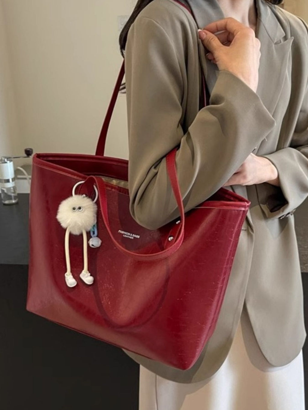 Women's Large Faux Leather Shoulder Bag – Wine Red PU Leather Everyday Tote