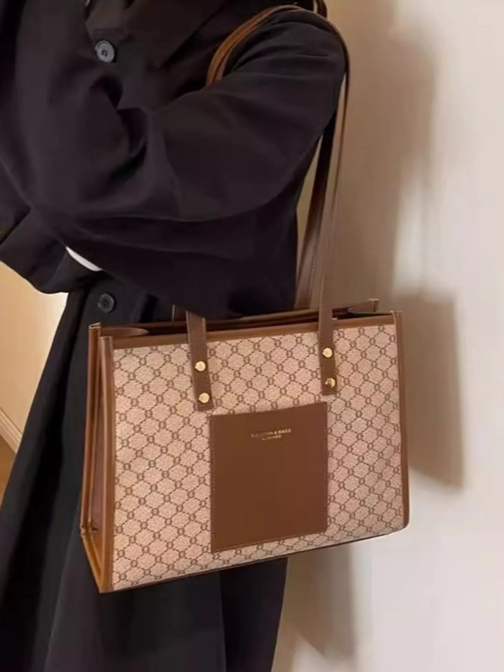 Women's Patterned PU Leather Tote Bag – Medium Khaki Shoulder Bag