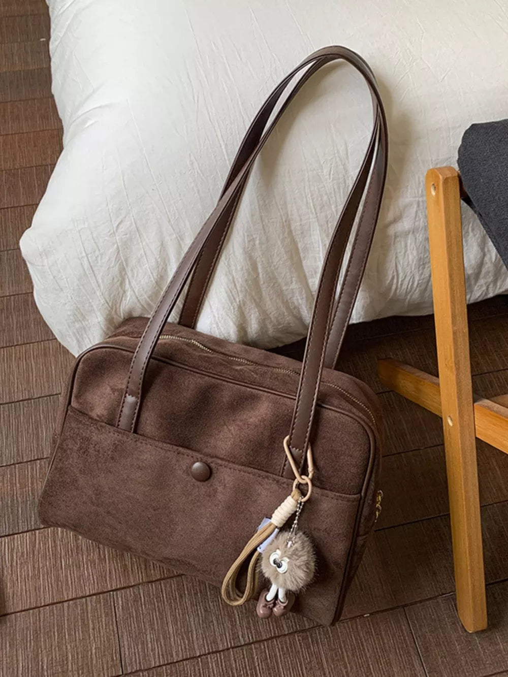Vintage Suede Handbag with Charm – Medium Shoulder Bag