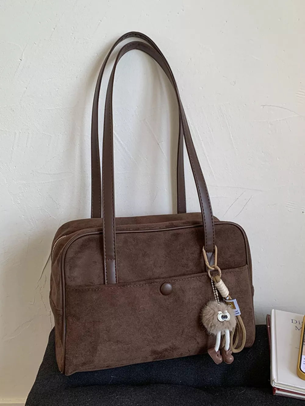 Vintage Suede Handbag with Charm – Medium Shoulder Bag