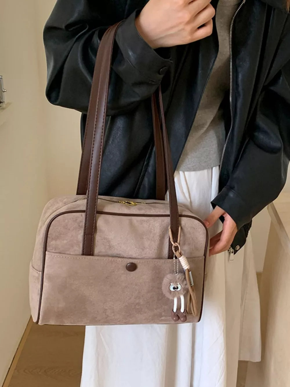 Vintage Suede Handbag with Charm – Medium Shoulder Bag
