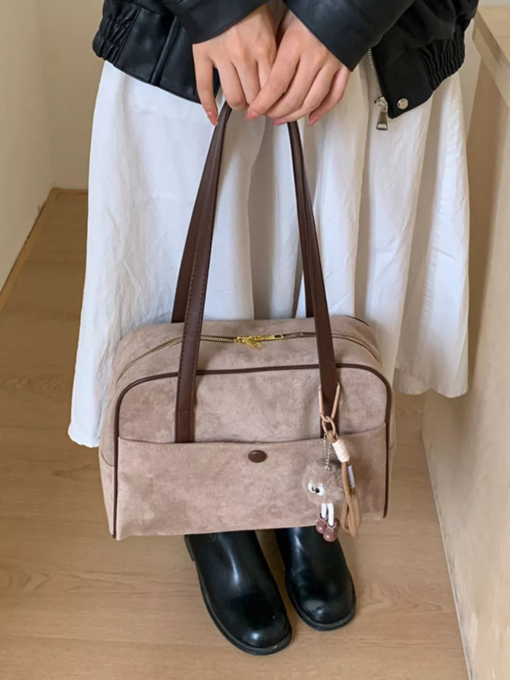 Vintage Suede Handbag with Charm – Medium Shoulder Bag