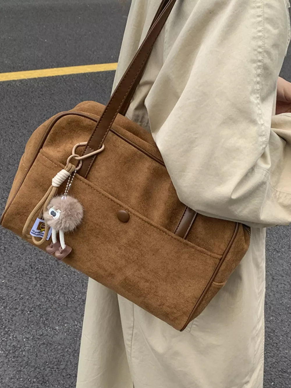 Vintage Suede Handbag with Charm – Medium Shoulder Bag