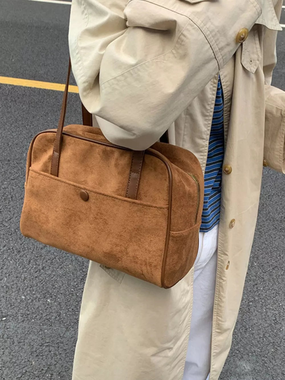 Vintage Suede Handbag with Charm – Medium Shoulder Bag