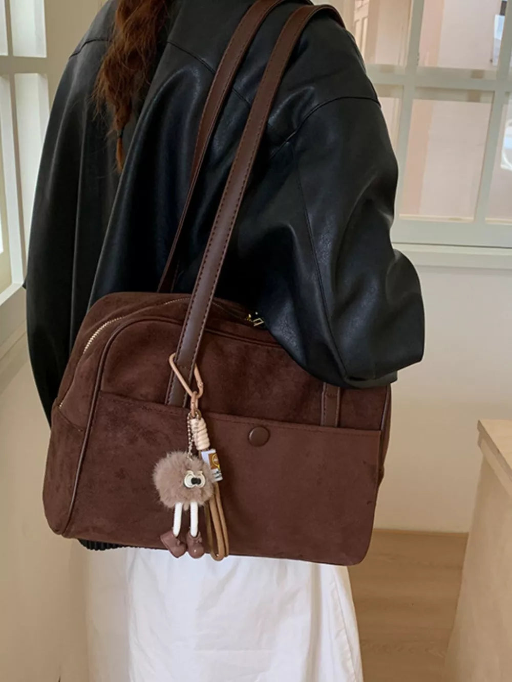 Vintage Suede Handbag with Charm – Medium Shoulder Bag