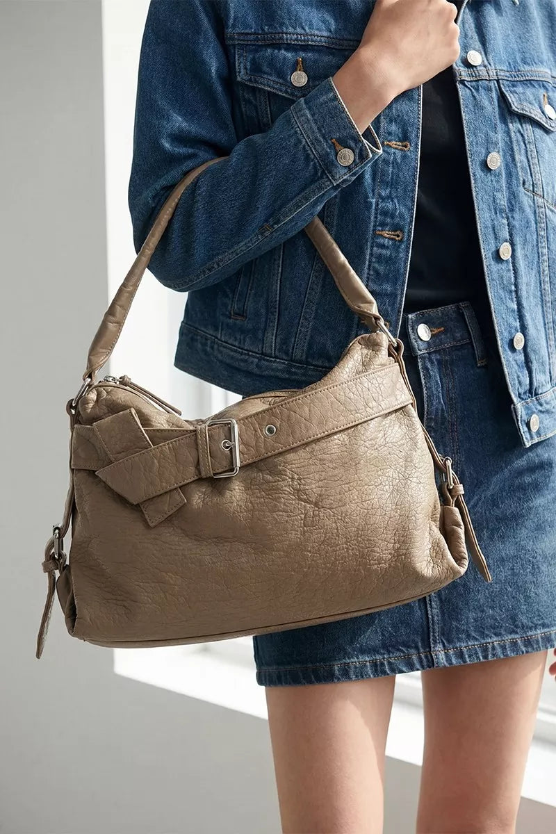 Fame Buckle Strap Leather Handbag – Structured Shoulder Bag