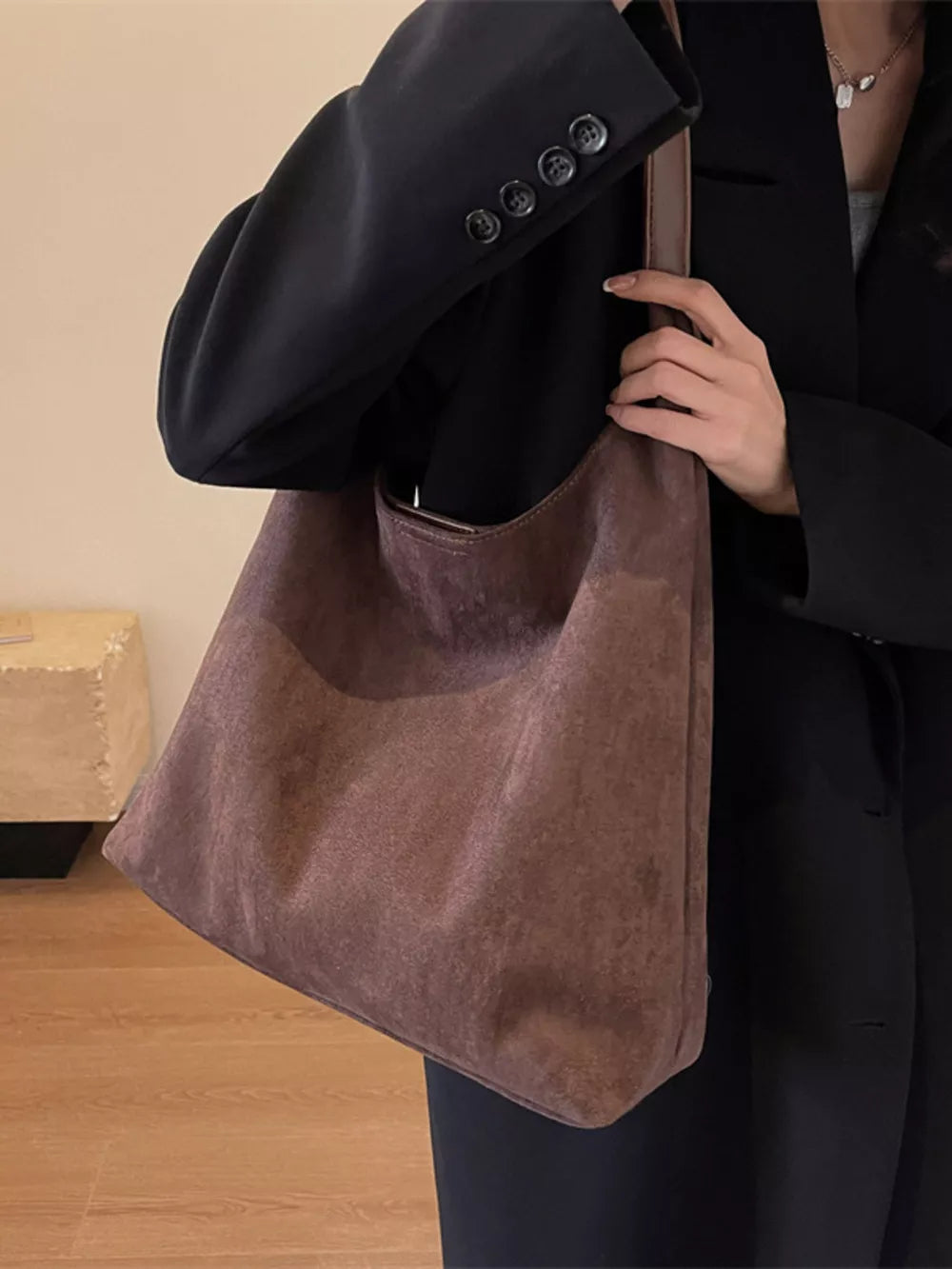 Women's Solid Color Casual Suede Shoulder Bag – Large