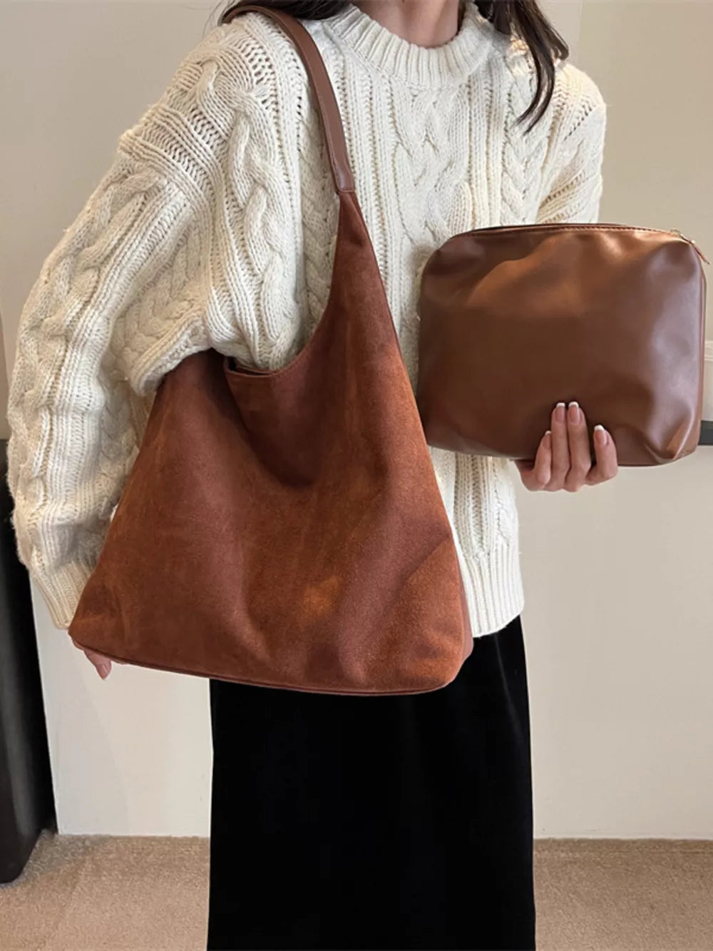 Women's Solid Color Casual Suede Shoulder Bag – Large