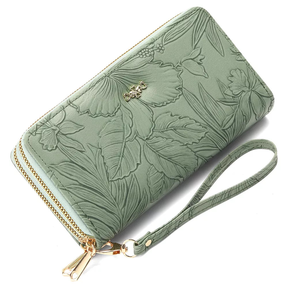 Embossed Floral Pattern Double Zipper Wallet – PU Leather Mini Wallet