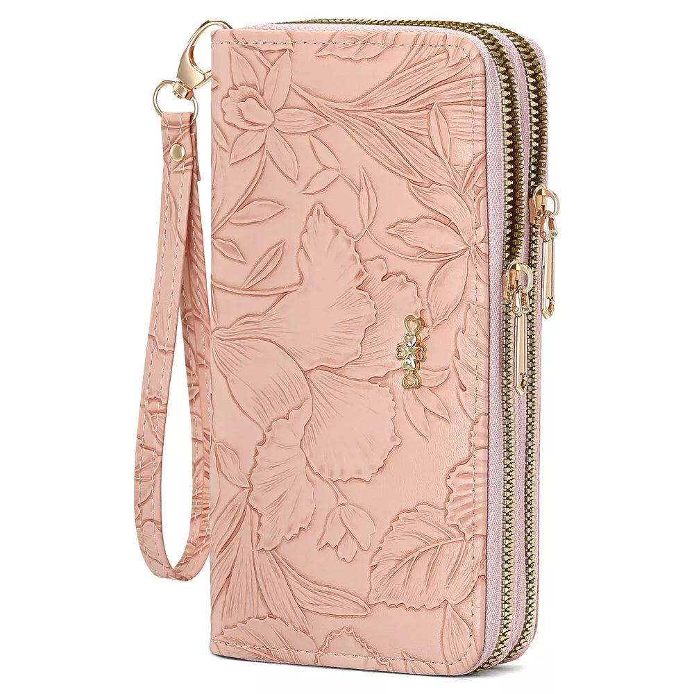 Embossed Floral Pattern Double Zipper Wallet – PU Leather Mini Wallet