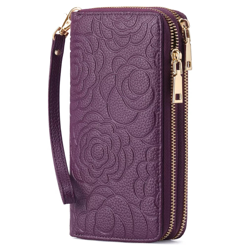 Embossed Floral Double Zipper Wallet – PU Leather Mini Purse