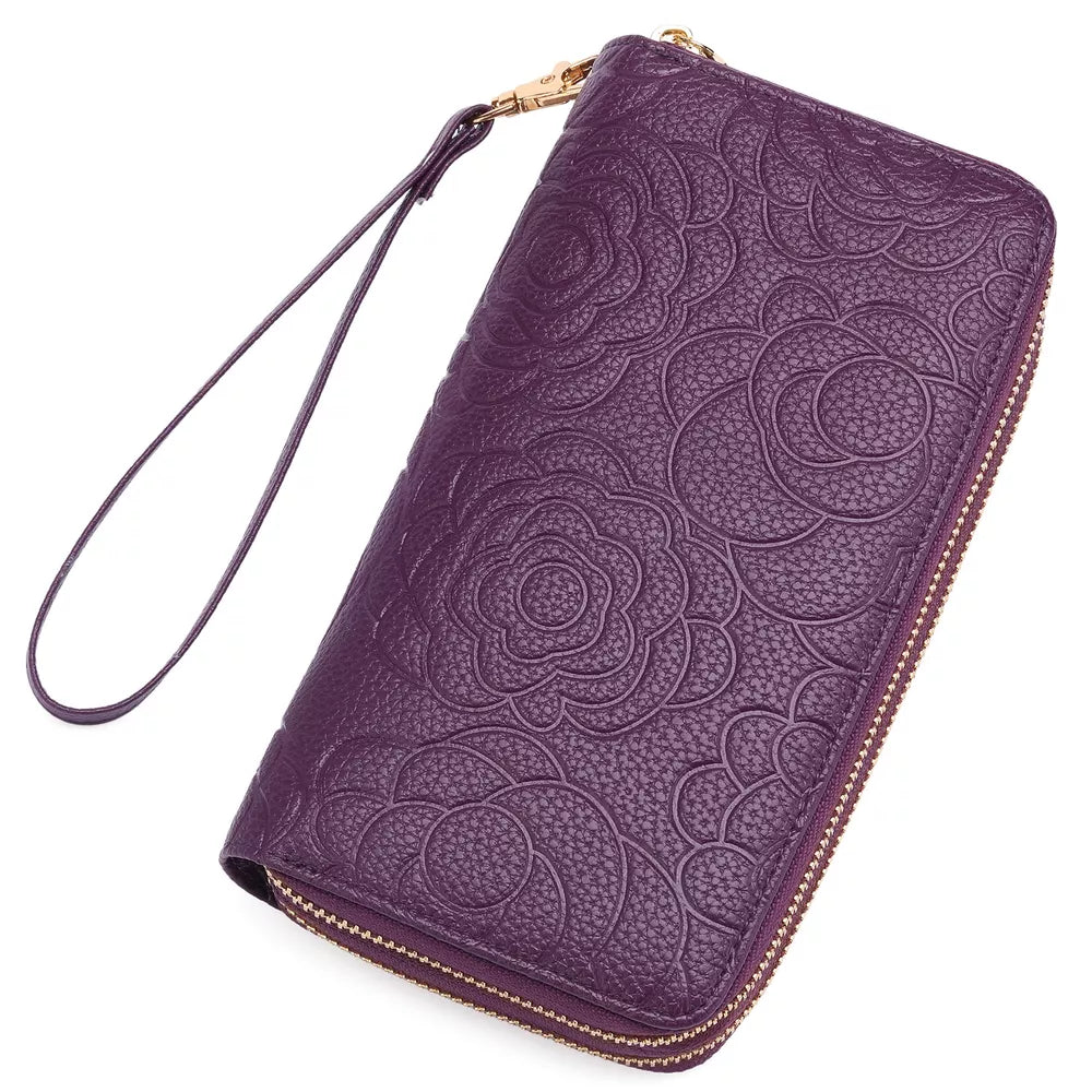 Embossed Floral Double Zipper Wallet – PU Leather Mini Purse