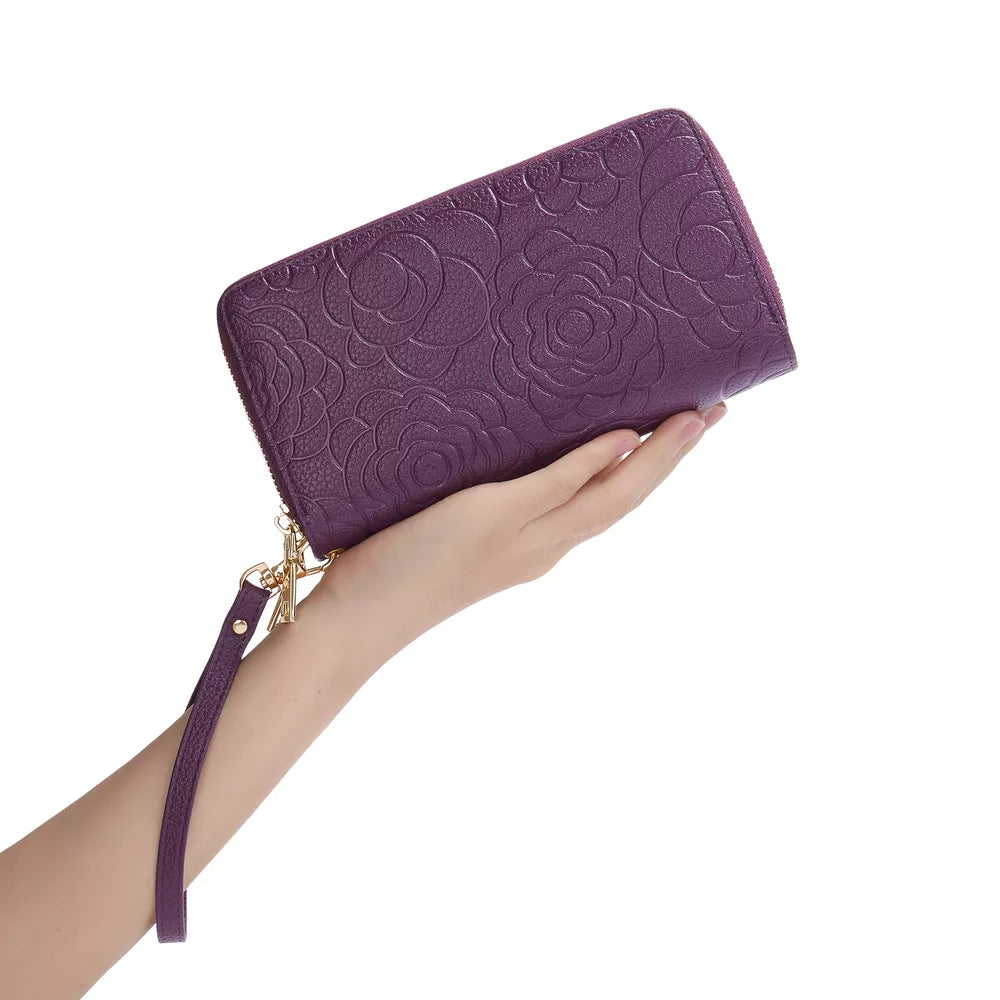 Embossed Floral Double Zipper Wallet – PU Leather Mini Purse