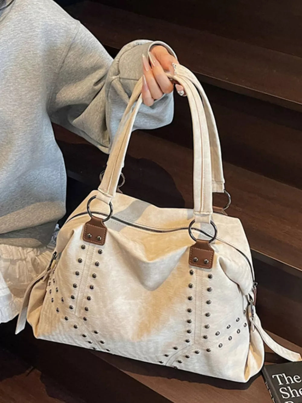 Studded Vintage-Style Shoulder Handbag – PU Leather