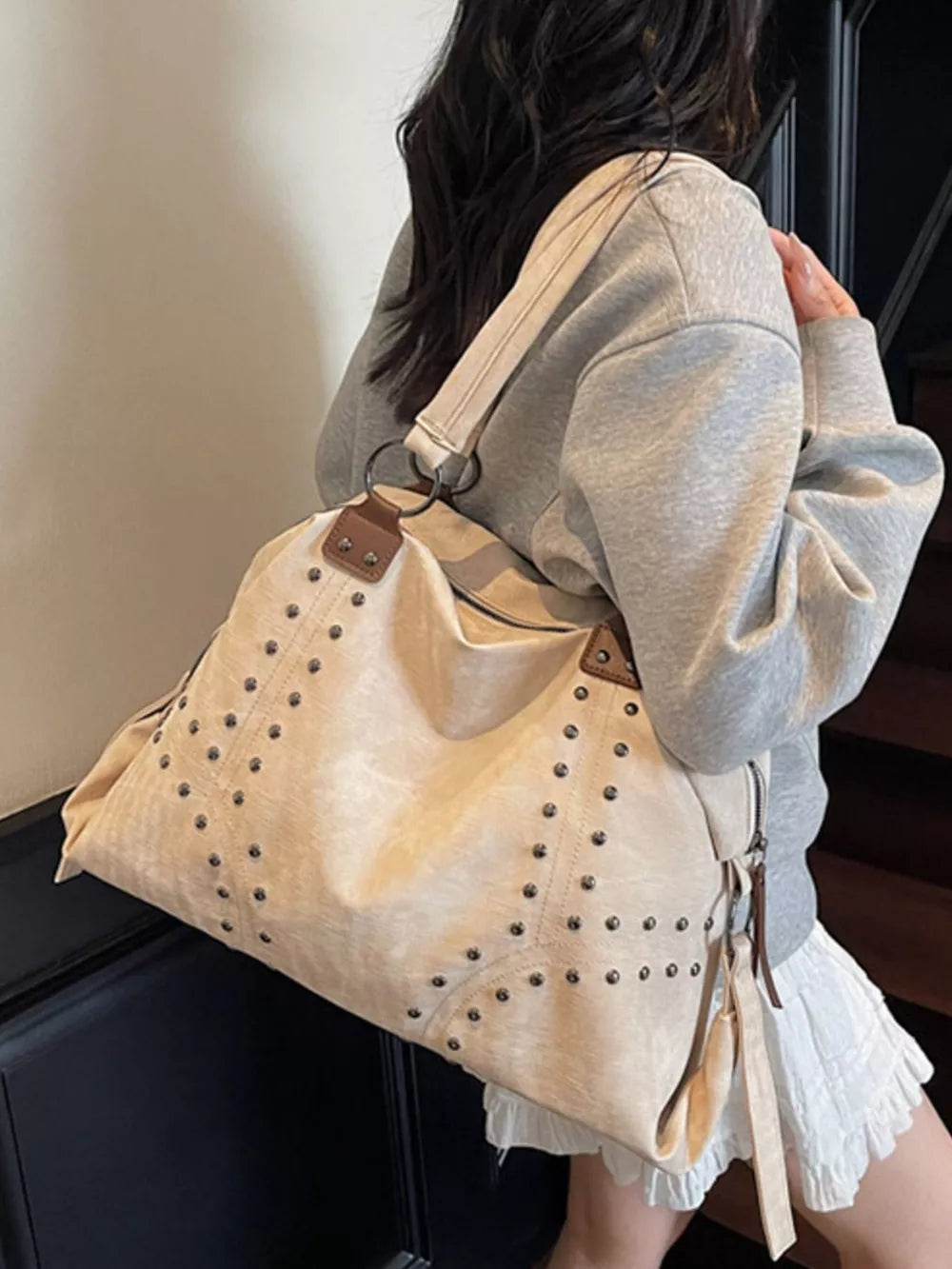 Studded Vintage-Style Shoulder Handbag – PU Leather