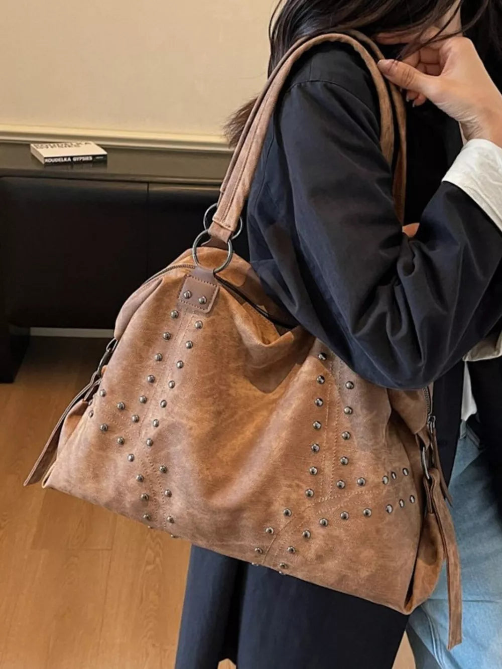 Studded Vintage-Style Shoulder Handbag – PU Leather