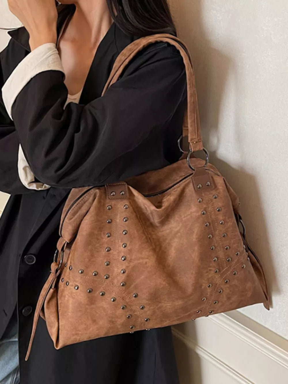 Studded Vintage-Style Shoulder Handbag – PU Leather