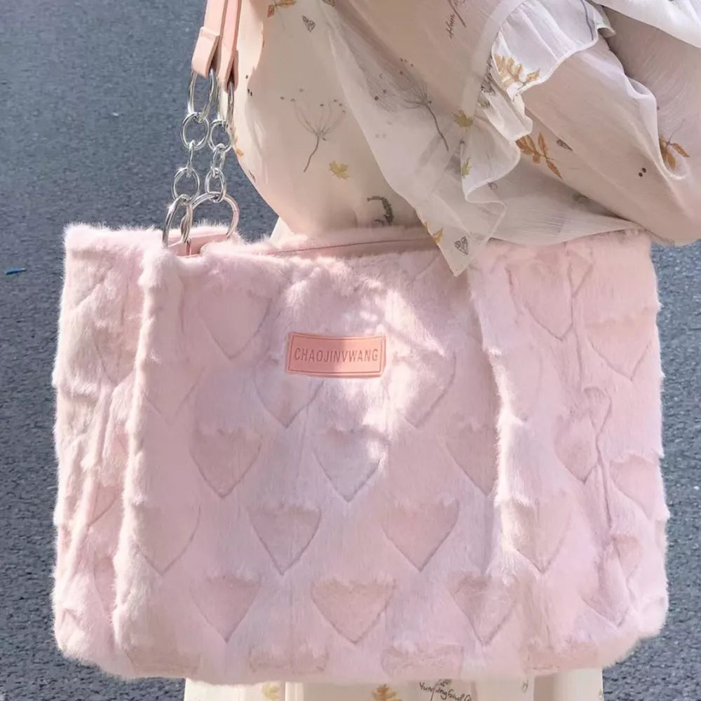 Fluffy Heart-Patterned Handbag – Large Plush Shoulder Bag