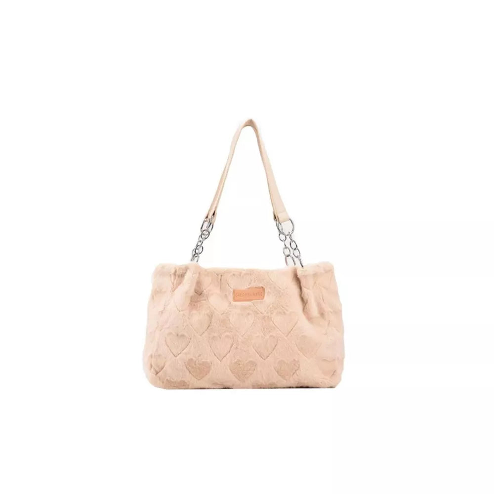 Fluffy Heart-Patterned Handbag – Large Plush Shoulder Bag