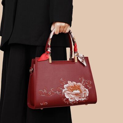 Embroidered Floral Top Handle Handbag – PU Leather