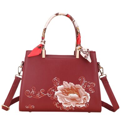 Embroidered Floral Top Handle Handbag – PU Leather