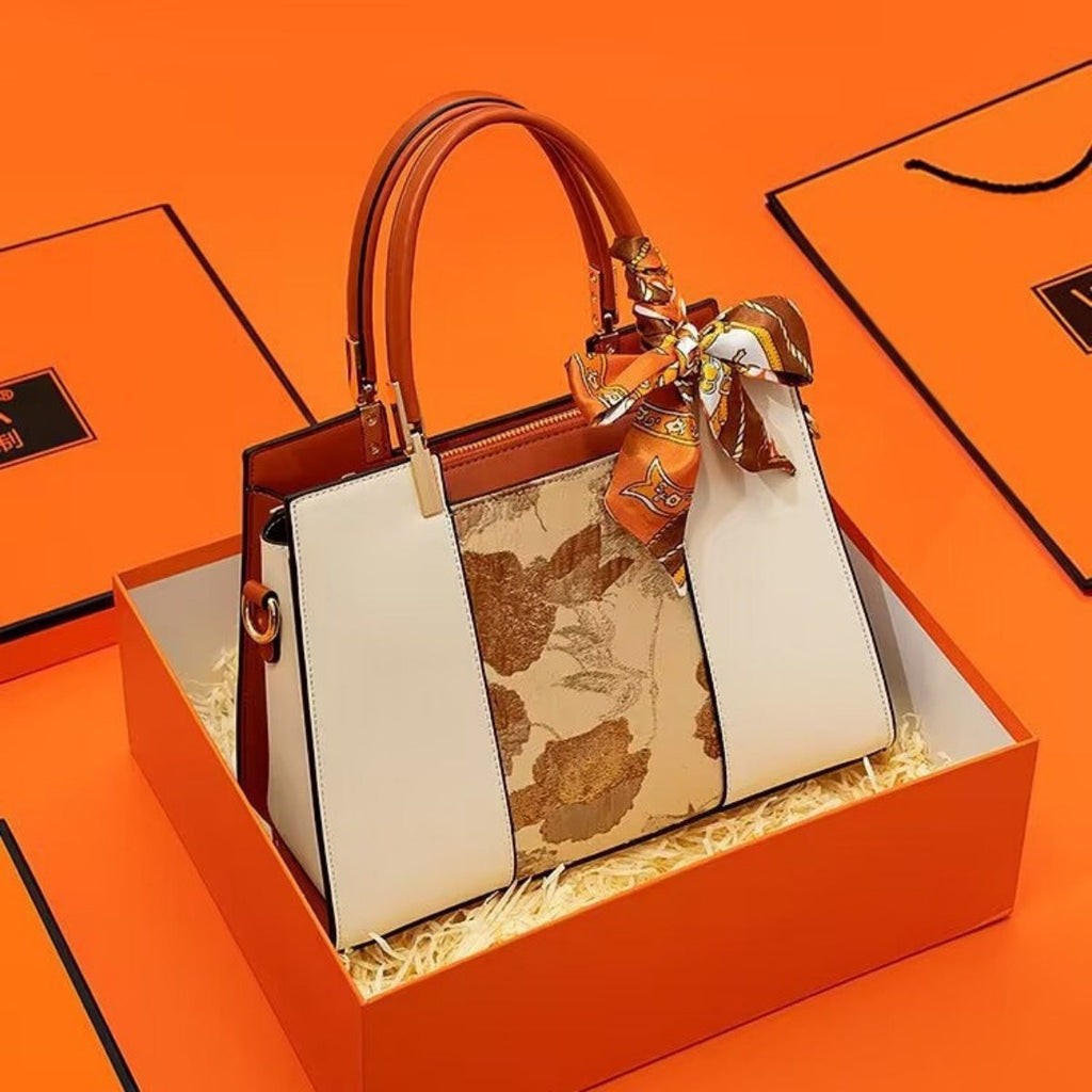 Top Handle Handbag with Scarf Accent | PU Leather Structured Bag