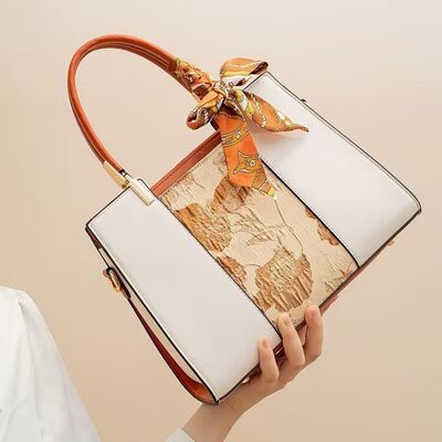 Top Handle Handbag with Scarf Accent | PU Leather Structured Bag