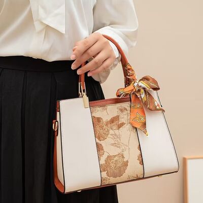 Top Handle Handbag with Scarf Accent | PU Leather Structured Bag