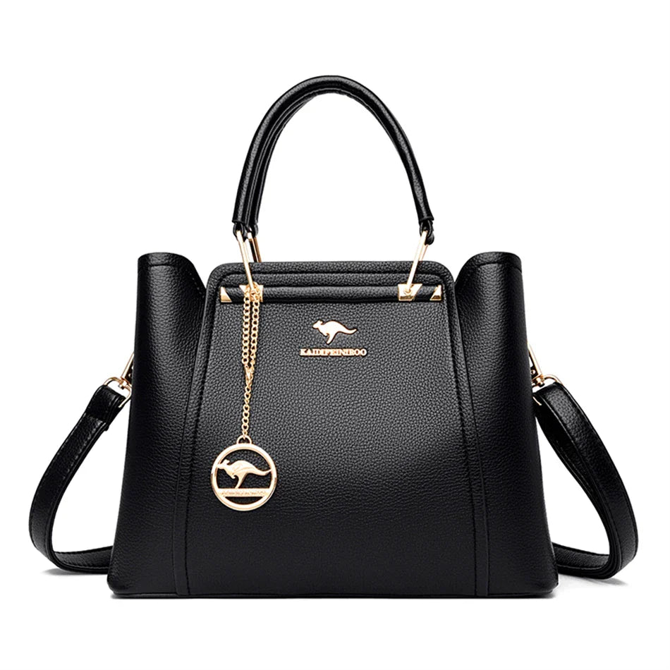 Women's Soft Leather Handbag – 3-Compartment Shoulder & Crossbody Tote
