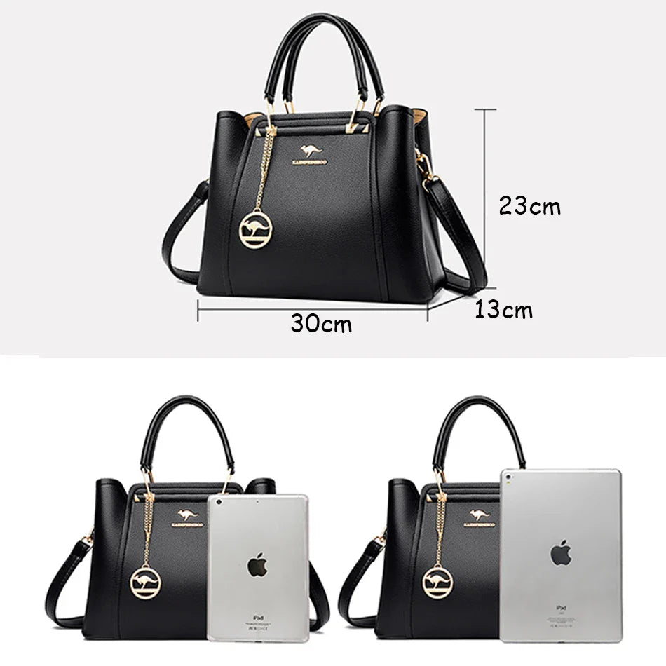 Women's Soft Leather Handbag – 3-Compartment Shoulder & Crossbody Tote