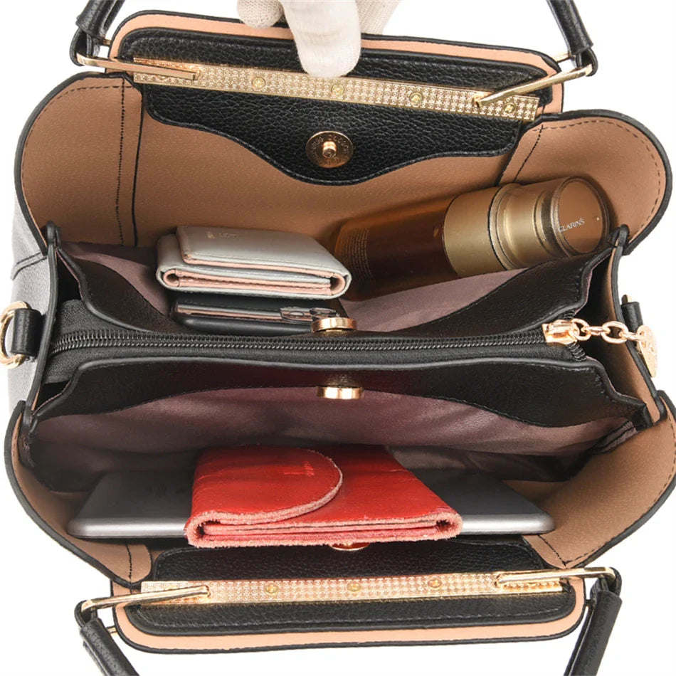 Women's Soft Leather Handbag – 3-Compartment Shoulder & Crossbody Tote