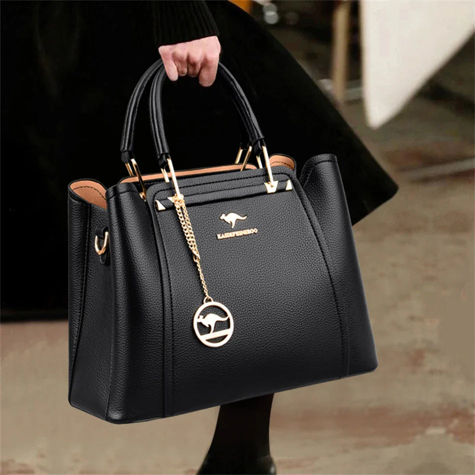 Women's Soft Leather Handbag – 3-Compartment Shoulder & Crossbody Tote