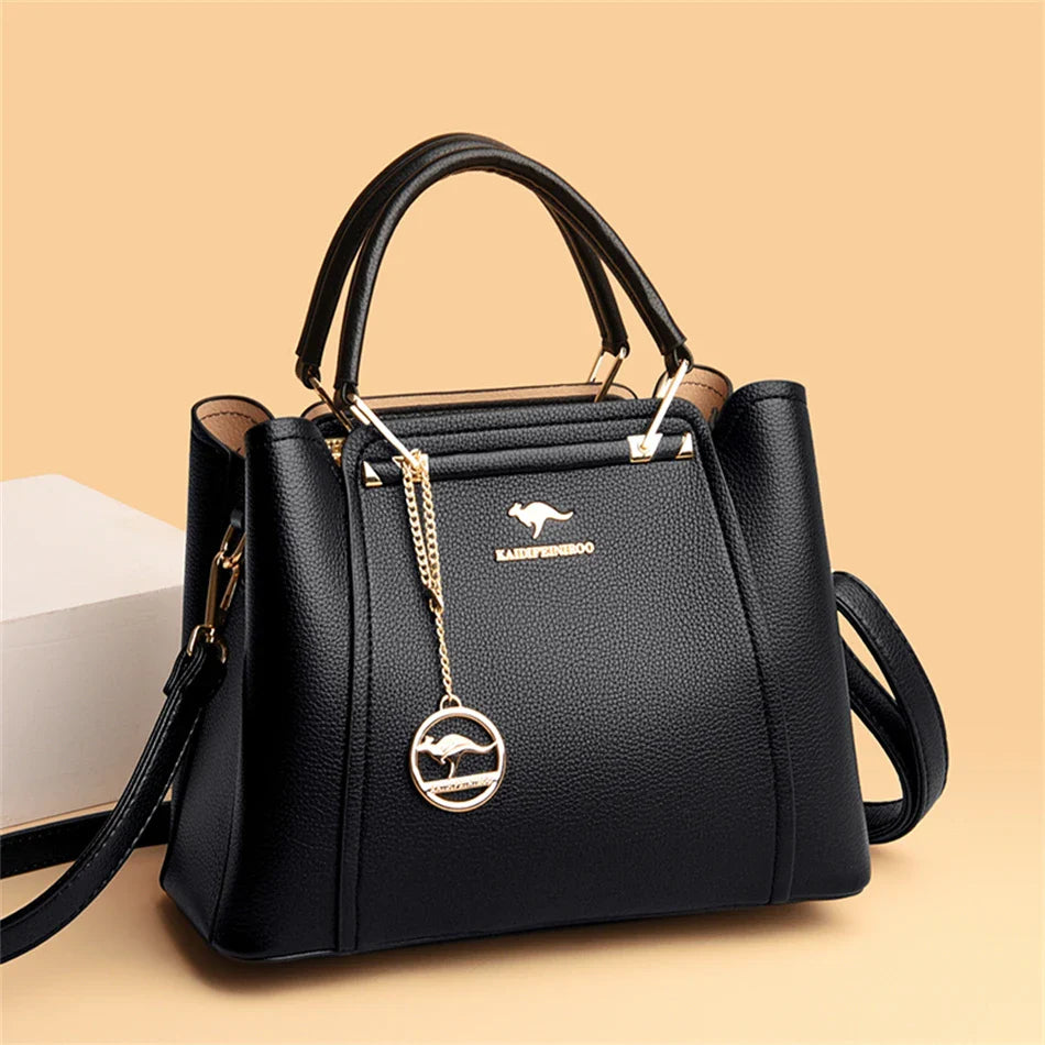 Women's Soft Leather Handbag – 3-Compartment Shoulder & Crossbody Tote