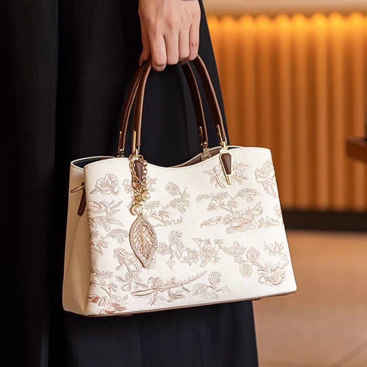 Embroidered Floral Leather Handbag – Medium Structured Tote