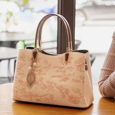 Embroidered Floral Leather Handbag – Medium Structured Tote