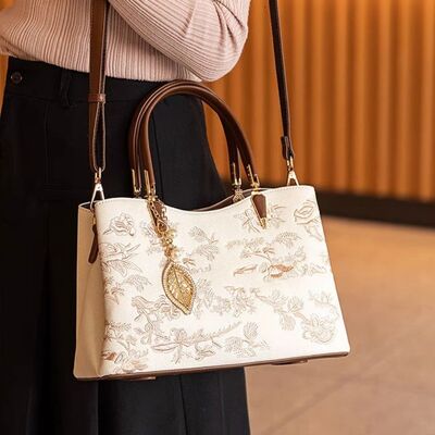 Embroidered Floral Leather Handbag – Medium Structured Tote