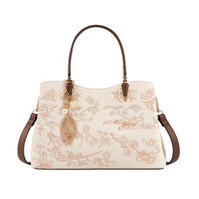 Embroidered Floral Leather Handbag – Medium Structured Tote