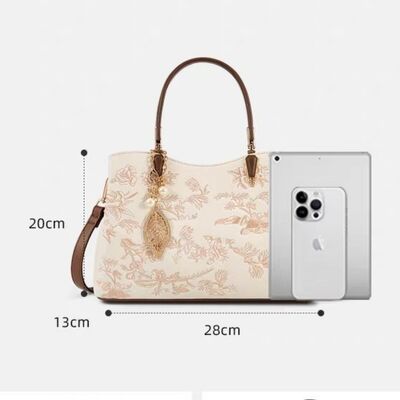 Embroidered Floral Leather Handbag – Medium Structured Tote